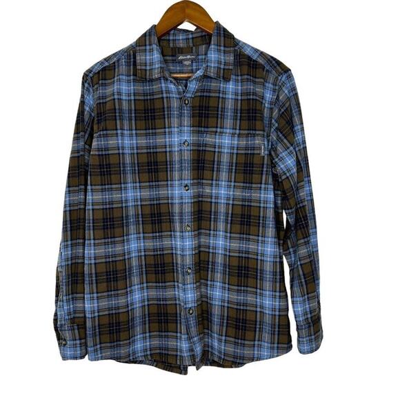 Eddie Bauer Blue Brown Plaid Print Button Up Long Sleeve Shirt Size L Men's - Picture 1 of 9
